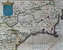 Mapa del Reino de Murcia (1659). En el cuadrante superior izquierdo aparece el blasón del reino en fondo azul