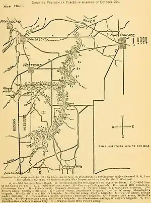 Map showing, from east to west, Independence, the course of the Big Blue River, and the Missouri/Kansas state line