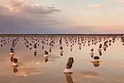 Lago Baskunchak. Los postes de madera se usaban para la producción de sal