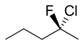 Fórmula esqueletal estereoquímica del (R)-2-cloro-2-fluoropentano, uno de los dos enantiómeros posibles