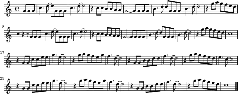 
\new Staff {
  \relative c'' {
    \key c \major
    \time 4/4
    \partial 4.
    g8 g g
    c4. e8~ e g, g g \noBreak
    c4. e8~ e2 \noBreak
    r4 c8 c b b a a \noBreak
    g2~ g8 g g g \noBreak
    b4. d8~ d g, g g \noBreak
    b4. d8~ d2 \noBreak
    r4 g8 a g f e d \break

    c4 r r8 g g g \noBreak
    c4. e8~ e g, g g \noBreak
    c4. e8~ e2 \noBreak
    r4 c8 c b b a a \noBreak
    g2~ g8 g g g \noBreak
    b4. d8~ d g, g g \noBreak
    b4. d8~ d2 \noBreak
    r4 g8 a g f e d \noBreak
    c1  \break

    r4 g8 g c c e e \noBreak
    g4. e8~ e2 \noBreak
    r4 g8 a g f e g \noBreak
    f4. d8~ d2 \noBreak
    r4 g,8 g b b d d \noBreak
    f4. d8~ d2 \noBreak
    r4 g8 a g f e d \noBreak
    e4. c8~ c2 \break

    r4 g8 g c c e e \noBreak
    g4. e8~ e2 \noBreak
    r4 g8 a g f e g \noBreak
    f4. d8~ d2 \noBreak
    r4 g,8 g b b d d \noBreak
    f4. d8~ d2 \noBreak
    r4 g8 a g f e d \noBreak
    c1 \bar "|."
  }
}
