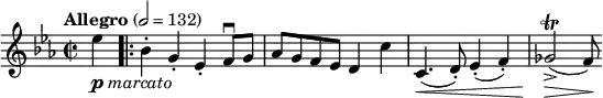 
\new Staff \with {midiInstrument = #"violin"}
\relative c'' {
\tempo "Allegro" 2 = 132
\key es \major
\time 2/2
\partial 4
es_\markup{\dynamic p \italic marcato} | \bar ".|:"
bes-. g-. es-. f8\downbow g |
as g f es d4 c' |
c,4.(\< d8-.) es4-.( f-.) |
ges2->(\trill\> f8)\!
}
