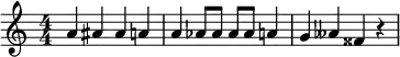 {\numericTimeSignature
\relative c'' { a ais ais a a as8 as as as a4 g aeses fisis r }}