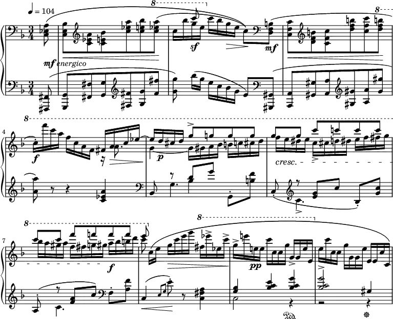 
%source : http://imslp.org/wiki/Special:ReverseLookup/779
\new PianoStaff <<
  \new Staff = "right" \relative c {
    \key f \major
    \numericTimeSignature
    \time 3/4
    \partial 8
    \tempo 4=104
    \clef bass
    <c ees a>8\(_\markup {\dynamic mf \italic energico}
    <c e bes'>\< \clef treble <c' es a><c e bes'><c' es a><c e bes'> \ottava #1 <c' es a>\!(
    << { s8 c'\sf } \\ { c,16 bes'g e } >> \ottava #0 c bes g\> e c8)\)\! \clef bass <d,, f b>(\mf
    <c f c'>\< \clef treble <d' f b> <c f c'> <d' f b> <c f c'> \ottava #1 <d' f b>\!
    c16)-.\f f' c a f c a f <<
      { fis a\> c es~
        es\! d\p cis d g8-> g! g g
        g[ g] c c! c c
        c[ c] f f! f f
        e
      }
      \\
      {
        r16 a,,8.
        g4~ g16 gis a bes b c cis d
        f\cresc e dis e c-> cis d! dis e f fis g
        bes a gis a f fis g gis\! a\f bes b d
        c8
      }
    >> \ottava #0
    c,,16\( e g\> c e g \ottava #1 fis es'-> es, c'\!->
    g-> e'! e,!\pp e c' c, c g' g,-> g e' e, \ottava #0
    e c' c, c g' g, g e' e, e c' c,\)
  }
  \new Staff = "left" {
    \clef bass \relative c,, {
      \key f \major
      \numericTimeSignature
      \time 3/4
      \partial 8
      <fis fis'>8(
      <g g'> <fis' fis'><g g'> \clef treble <fis' fis'><g g'><fis' fis'>
      <g g'>) bes'16[( g] e c bes g e8) \clef bass
      <gis,,, gis'>8(
      <a a'> <gis' gis'><a a'> \clef treble <gis' gis'><a a'><gis' gis'>
      <a a'>) r8 r4 <c, es a> \clef bass
      bes,8 << { r8 d'[ g]} \\ {s8 bes,4} \\ {\stemDown g4.} >> g,8-. <b' f'>
      c,8(-. \clef treble << {r <e' g>[ c']} \\ {c,4.->} >> bes8-.) <g' c>
      <<{a,8-.( r <f' a>[ c'])}\\{ s8 c,4.}>> \clef bass f,8-. <a f'>
      c,4\<( \grace { e8[ g] } e'\!-.) r8 <c, fis a>4
      <<
        {
          <g' bes>4 <bes c e> <bes c g'>
          <bes c g'>2-> gis4
        }
        \\
        {
          c,2 r4\sustainOn
          r2 r4\sustainOff
        }
      >>
    }
  }
>>
