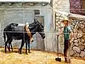 Detalle de plafón cerámico (escena de trilla) en la «fuente del Tornajo» de Casas Altas (Valencia), año 1995.