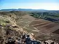 Vista parcial de la vega y Huertos de Moya desde La Albacara del castillo de Moya (Cuenca).