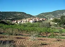 Vista general (meridional) de Puebla de San Miguel, desde el camino de Sesga (2015).