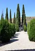 Vista interior del cementerio municipal de Torrebaja, con detalle de cipreses en el pasillo central (2016).