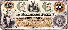 Billete de 100 pesos peruanos con la alegoría de Perú en el centro.