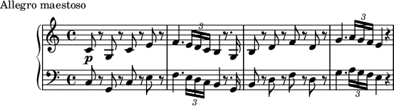 
\version "2.18.2"
\header {
  tagline = ##f
}
upper = \relative c' {
  \clef treble 
  \key c \major
  \time 4/4
  \tempo 4 = 140
  \override TupletBracket.bracket-visibility = ##f

   %%Mozart — Concerto 21 mvt 1, th. 1
   c8\p r8 g r8 c r8 e r8 f4. \tuplet 3/2 { e16 d c } b4 r8. g16 b8 r8 d r8 f r8 d r8 g4. \tuplet 3/2 { a16 g f } e4 r4

}

lower = \relative c {
  \clef bass
  \key c \major
  \time 4/4

   c8 r8 g r8 c r8 e r8 f4. \tuplet 3/2 { e16 d c } b4 r8. g16 b8 r8 d r8 f r8 d r8 g4. \tuplet 3/2 { a16 g f } e4 r4
}

  \header {
    piece = "Allegro maestoso"
  }

\score {
  \new PianoStaff <<
    \new Staff = "upper" \upper
    \new Staff = "lower" \lower
  >>
  \layout {
    \context {
      \Score
      \remove "Metronome_mark_engraver"
      \override SpacingSpanner.common-shortest-duration = #(ly:make-moment 1/2)
    }
  }
  \midi { }
}
