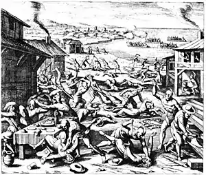 (1622) Los nativos Powhatan atacan a los colonos ingleses en la "masacre de Jamestown" (Virginia)