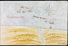 La armada de Spilbergen (B) apresa un navío español solitario (A) capitaneado por Nicolás de Cardona frente a la desembocadura del río Balsas (C).