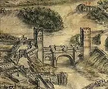 Puente y plaza de armas en el plano de Joseph de Arroyo Palomeque (1720)