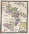 Mapa detallado del Reino de las Dos Sicilias en 1853.