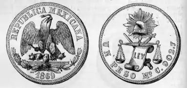 Moneda republicana de 1 peso, de 1869.