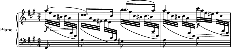 
\version "2.14.2"
\header {
  tagline = ##f
}
upper = \relative c'' {
  \clef treble 
  \key a \major
  \time 2/4
  \tempo 8 = 80
  %\autoBeamOff
   \override TupletBracket #'bracket-visibility = ##f

   \partial 4 << { a'4\f\>( d,8.\!) cis16 } \\ { a'32[( fis cis bis] cis[ a \change Staff = "lower" \stemUp fis cis]) \change Staff = "upper" \stemDown d'32[( a fis eis] fis[ d \change Staff = "lower" \stemUp a fis]) } >>
   << { b''8.( a16) } \\ { \change Staff = "upper" b32[( gis cis, bis] cis32[ b! \change Staff = "lower" \stemUp gis cis,]) } >>
   << { a''4 } \\ { \change Staff = "upper" a32[( fis cis bis] cis32[ a \change Staff = "lower" \stemUp fis cis]) } >>
   << { cis''4\f } \\ { \change Staff = "upper" cis32[(\> a fis eis] fis32[ cis \clef treble \change Staff = "lower" \stemUp a fis])\! } >>
}

lower = \relative c {
  \clef bass
  \key a \major
  \time 2/4
   
   fis,8 s8 fis'8 s8 eis8 s8 fis8 s8 a8
   
} 

\score {
  \new PianoStaff <<
    \set PianoStaff.instrumentName = #"Piano"
    \new Staff = "upper" \upper
    \new Staff = "lower" \lower
  >>
  \layout {
    \context {
      \Score
      \remove "Metronome_mark_engraver"
    }
  }
  \midi { }
}
