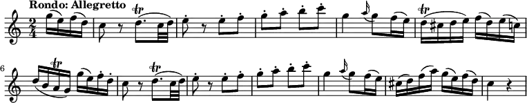 
\relative c'' {
     \version "2.18.2"
     \key c \major
     \time 2/4
     \tempo "Rondo: Allegretto"
     \tempo 4 = 110
   \partial 4  g'16 (e) f (d)
   c8 r d8.\trill (c32 d) e8-. r e-. f-. 
   g-. a-. b-. c-.
   g4 \grace a16 (g8) f16 (e)
   d16 \trill (cis d e) f (d) e (c) 
   d (b a \trill g) g' (e) f-. d-.
   c8 r d8.\trill (c32 d) e8-. r e-. f-. 
   g-. a-. b-. c-.
   g4  \grace a16 (g8) f16 (e)
   cis16 (d) f (a) g (e) f (d) 
   c4 r
}
