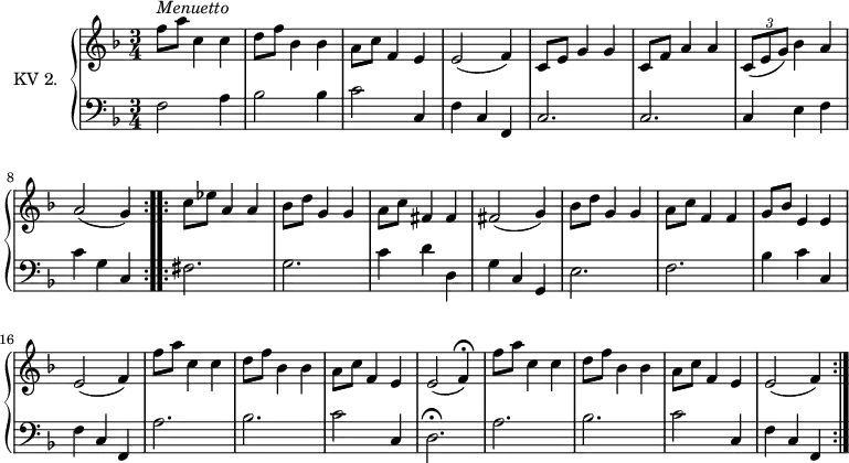 
\version "2.14.2"
\header {
  tagline = ##f
}

upper = \relative c'' {
  \clef treble
  \key f \major
  \time 3/4
  \tempo 4 = 130
  \tempo "Menuetto"
  \set Staff.midiInstrument = #"dulcimer"

   \repeat volta 2 {
 f8^\markup \italic { Menuetto} a c,4 c | d8 f bes,4 bes | a8 c f,4 e | e2 (f4)
  | c8 e g4 g  | c,8 f a4 a
  | \tuplet 3/2 {c,8 (e g) } bes4 a |  a2 (g4)
  }
  \repeat volta 2 \relative c' {
   c'8 ees a,4 a | bes8 d g,4 g  | a8 c fis,4 fis
   | fis2 (g4)  | bes8 d g,4 g  | a8 c f,4 f | g8 bes e,4 e | e2 (f4)
   |  f'8 a c,4 c | d8 f bes,4 bes | a8 c f,4 e  | e2 (f4) \fermata
    |  f'8 a c,4 c | d8 f bes,4 bes | a8 c f,4 e  | e2 (f4)
  }
} 

lower = \relative c {
  \clef bass
  \key f \major
  \time 3/4
  \set Staff.midiInstrument = #"harpsichord"
  
  \repeat volta 2 {
  f2 a4 | bes2 bes4 | c2 c,4 | f4 c f,|  c'2. |  c2. | c4 e f  | c' g c,
  }
  \repeat volta 2 \relative c' {
    fis,2.  | g2. | c4 d d, | g c, g  | e'2. | f2.   | bes4 c  c,  | f c f,
    |  a'2. | bes2.| c2 c,4 | d2. \fermata |  a'2. | bes2.| c2 c,4 
    | f c f,
  }
}  


\score {
  \new PianoStaff <<
    \set PianoStaff.instrumentName = #"KV 2."
    \new Staff = "upper" \upper
    \new Staff = "lower" \lower
  >>
  \layout {
    \context {
      \Score
      \remove "Metronome_mark_engraver"
    }
  }
 \midi { }
}
