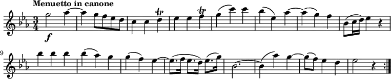 
  \relative c'' {
    \version "2.18.2"
    \key ees \major 
    \tempo "Menuetto in canone"
    \time 3/4
    \tempo 4 = 120
    g'2\f aes4  ~
    aes  g8 f ees d
   c4 c d\trill 
   ees ees f\trill 
   g (c) c
   bes (ees,) aes
   ~ aes (g) f
   bes,8 (c16 d) ees4 r
   bes' bes bes
   bes (aes) g
   g (f) ees ~
   ees8. (f16 ees8. d16)
   ees8. (g16)
   bes,2. ~
   bes4 (aes') g ~
   g8 (f) ees4 d
   ees2 r4 \bar ":|."
}
