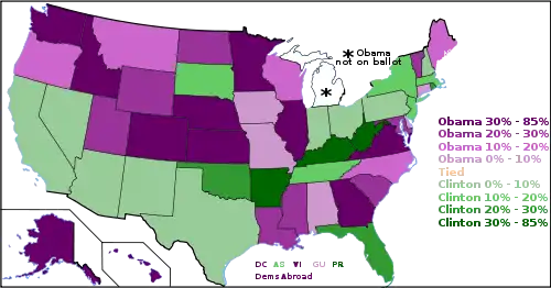 Chart of 50 states, showing state-by-state popular votes in the Democratic primaries and caucuses, shaded by percentage won. Popular vote winners and delegate winners differed in New Hampshire, Nevada, Missouri, Texas, and Guam.