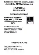 Papeleta de Compromís-Podemos-EUPV: A la Valenciana en las elecciones generales de 2016 por la provincia de Castellón.