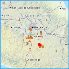 Mapa de las réplicas del terremoto de Puebla Rojo: choque principal