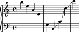 \new PianoStaff <<
    \new Staff = "upper" {b''4 e'' a' d' \change Staff ="lower" g c \glissando c'  \glissando \change Staff ="upper" c'' \glissando c''' }
    \new Staff = "lower" {\clef bass s4*9 }
>>
