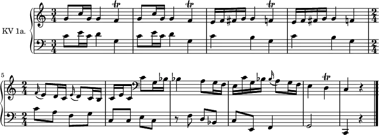 
\version "2.14.2"
\header {
  tagline = ##f
}
upper = \relative c' {
         \clef "treble" 
         \tempo "Andante"
         \key c \major
         \time 3/4 
         \set Staff.midiInstrument = #"dulcimer"

       \repeat unfold 2 { g'8 c16 g g4 f\trill }      
       e16 f fis g g4 f\trill
       e16 f fis g g4 f \time 2/4 s128

       { \grace f16( } e8[) d16 c] {\grace e16( } d8[) c16 b]
       c[ e c8] \clef "bass" c g16 bes
       bes4 a8 g16 f e16 c'  g bes {\grace bes16( } a8[) g16 f] e4 d\trill c  r4}\bar "|."
  

lower = \relative c' {      
         \clef "bass" 
         \key c \major
         \time 3/4 
         \tempo 4 = 100
         \set Staff.midiInstrument = #"harpsichord"

      \repeat unfold 2 { c8 e16 c d4 g, }
      \repeat unfold 2 { c4 b g }      
       % \time 2/4 s128

       c8 a f g
       c, c e c
       r8  f8 d bes
       c e,
       f4 g2  c,4 r4 \bar "|."
} 

\score {
  \new PianoStaff <<
    \set PianoStaff.instrumentName = #"KV 1a."
    \new Staff = "upper" \upper
    \new Staff = "lower" \lower
  >>
  \layout {
    \context {
      \Score
      \remove "Metronome_mark_engraver"
    }
  }
  \midi { }
}
