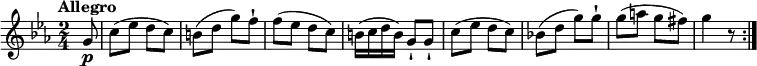 
  \relative c'' {
    \version "2.18.2"
    \key ees \major 
    \tempo "Allegro"
    \time 2/4
    \tempo 4 = 120
     \partial 8 g8\p c (ees d c)
    b (d g) f-!
    f (ees d c)
    b16 (c d b) g8-! g-!
    c (ees d c)
     bes! (d g) g-!
     g (a g fis)
     g4 r8
    \bar ":|."
}
