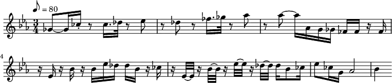 {   \time 3/4  \key c \minor \tempo 8=80  \relative c'' { ges8 ~ ges16 ces16 -. r8 ces16. des32 r8 ees8 r8 des8 r8 fes16.
  ges32 r8 aes8 r8 aes8 ~ aes16 aes,16 g16 ges16 fes16 fes16 r16 fes16 r16 ees16
  r16 bes'16 r16 bes16 ees16 des16 des16 bes16 r16 ces16 r16 ees,32 ~ ees32 r16
  bes'32 ~ bes32 r16 ees32 ~ ees32 r16 des32 ~ des32 des16 bes8 ces16 ees8 ces16
  g16 aes2 bes4 }   }