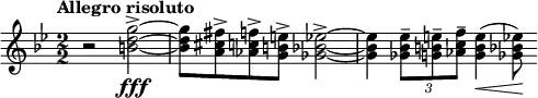  \relative c''' { \clef treble \key g \minor \tempo "Allegro risoluto" \numericTimeSignature \time 2/2 r2 <g d b>2~->\fff | <g d b>8 <fis cis a>-> <f c aes>-> <e b g>-> <ees bes ges>2->~ | <ees bes ges>4 \times 2/3 { <ees bes ges>8-- <e b g>-- <f c aes>-- } <e b g>4(\< <ees bes ges>8)\! } 