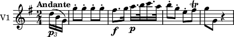 \new Staff \with { instrumentName = #"V1 "}
\relative c'' {
    \version "2.18.2"
    \key g \major 
    \tempo "Andante"
    \tempo 4 = 60
    \time 2/4
    \partial 8  \tuplet 3/2 { d16 \p (b g) } 
    g'8-. g-. g-. g-.
    fis8. \f g16 a16.\p b32 c16. a32
    b8-. g-. e-. fis \trill
    g g, r4
}