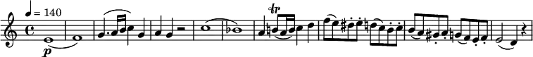 
\relative c'' {
  \version "2.18.2"
    \key c \major
    \time 4/4
    \tempo 4 = 140
    \tempo "Allegro spiritoso"
  e,1\p ( f )  
   g4. (a16 b  c4) g
   a  g  r2
   c1 (bes)
   a4 b!8\trill (a16 b) c4 d
   f8 (e) dis-. e-. d (c) b-. c-.
   b (a) gis-. a-. g (f) e-. f-.
   e2 (d4) r4
  }
