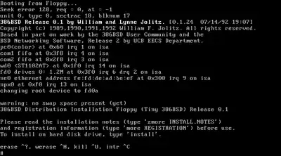 Captura de pantalla del instalador de 386BSD.386BSD fue uno de los primeros port de BSD en la arquitectura Intel 80386.