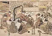 Proyección oblicua: mujeres jugando shōgi, go y ban-sugoroku. Pintura de Torii Kiyonaga, Japón, c. 1780