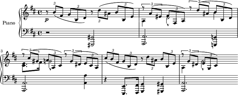 
\version "2.14.2"
\header {
  tagline = ##f
}
upper = \relative c'' {
  \clef treble 
  \key d \major
  \time 4/4
  \tempo 8 = 190
  %\autoBeamOff
   \override TupletBracket #'bracket-visibility = ##f

  \times 2/3 { r8\p b( fis } \times 2/3 { g b, d) } \times 2/3 { r8 d'( ais } \times 2/3 { b b, e) }
  << { \times 2/3 { r8 a( eis } \times 2/3 { fis fis, a) } \times 2/3 { r8 d'( ais } \times 2/3 { b b, d) } } \\ { a4 d2-^ b'4 } >>
  << { \times 2/3 { r8 cis( gis } \times 2/3 { a a, cis) } \times 2/3 { r8 g'( dis } \times 2/3 { e cis a) } } \\ { < e' cis >8. fis16 g!2-^ } >>
  \times 2/3 { cis8( b fis } \times 2/3 { g8 b, d) } \times 2/3 { r8 d'8 ais b } \times 2/3 { b,8 e) } 
  << { \times 2/3 { r8 g8( dis } \times 2/3 { e g, cis) } } \\ {a4 g'2-^ } >>

}

lower = \relative c {
  \clef bass
  \key d \major
  \time 4/4
    
   r2 < gis gis, >2 < a a, >2. < g! g,! >4 < a a, >2. < a' a, >4 r4 < e, e, >8. < fis fis, >16 < g g, >4 < gis gis, > < a a,>2. 
   
} 

\score {
  \new PianoStaff <<
    \set PianoStaff.instrumentName = #"Piano"
    \new Staff = "upper" \upper
    \new Staff = "lower" \lower
  >>
  \layout {
    \context {
      \Score
      \remove "Metronome_mark_engraver"
    }
  }
  \midi { }
}
