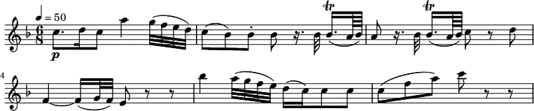 
\relative c'' {
  \version "2.18.2"
    \key f \major
    \time 6/8
    \tempo 4 = 50	
    \tempo "Andante"
   c8.\p  d16  c8  a'4 g32 (f e d)
   c8 (bes) bes-. bes r16. bes32 bes16.\trill [(a64 bes)]
   a8 r16. bes32 bes16.\trill [(a64 bes)] c8 r8 d
   f,4~ f16 (g32 f) e8 r8 r8
   bes''4 a32 (g f e) d16 (c) c8 c
   c (f a) c r8 r8
  }
