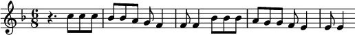 
\relative c'' {
\numericTimeSignature
  \key f \major \time 6/8
  r4. c8 c8 c8 bes8 bes8 a8 g8 f4 f8 f4 bes8 bes8 bes8 a8 g8 g8  f8 e4 e8 e4 \relative c'' {
}}
