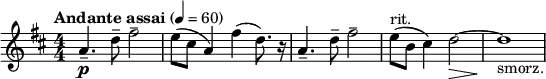  \relative c''  { \key d \major \numericTimeSignature \time 4/4 \tempo "Andante assai" 4=60 \clef treble a4.\p-- d8-- fis2-- | e8( cis a4) fis'( d8.) r16 | a4.-- d8-- fis2-- | e8(^"rit." b cis4) d2\>~ | d1\!_"smorz." } 