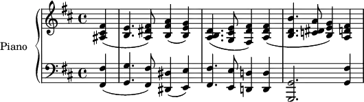 
\version "2.14.2"
\header {
  tagline = ##f
}
upper = \relative c' {
  \clef treble 
  \key d \major
  \time 4/4
  \tempo 4 = 68
  %\autoBeamOff

  \partial 4 < fis cis ais >4( < e b >4. < fis dis a >8) < a fis b, >4( < g e b >)
  < d b a >4.( < e cis g >8 < fis fis, d' >4) < fis d a >(
  < b b, d >4. < a dis, c! >8 < g e b >4) < fis d a >
}

lower = \relative c {
  \clef bass
  \key d \major
  \time 4/4
    
   \partial 4 < fis fis, >4( < g g, >4. < fis fis, >8) < dis dis, >4( < e e, >)
   < fis fis, >4. < e e, >8 < d! d,! >4 < d d, >
   < g, g, >2.  < fis' g, >4 
   
} 

\score {
  \new PianoStaff <<
    \set PianoStaff.instrumentName = #"Piano"
    \new Staff = "upper" \upper
    \new Staff = "lower" \lower
  >>
  \layout {
    \context {
      \Score
      \remove "Metronome_mark_engraver"
    }
  }
  \midi { }
}
