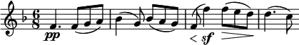 
    \relative c' {
        \set Score.tempoHideNote = ##t \tempo 8 = 84
        \set Staff.midiInstrument = #"violin"
        \set Score.currentBarNumber = #37
        \key f \major
        \time 6/8
       
        f4.\pp f8( g a)
        bes4( g8) bes( a g)
        f(\< f'4)\sf f8(\> e d)\!
        d4.( c8)
    }
