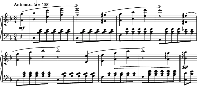 
%source : http://imslp.org/wiki/Special:ReverseLookup/779
\new PianoStaff <<
  \new Staff = "right" \relative c'' {
    \key f \major
    \numericTimeSignature
    \time 3/4
    \partial 4
    \tempo "Animato." 4=108
    <a a'>4\(\mf
    <bes bes'> <e e'> <g g'>
    <g g'>2\)-> <gis, gis'>4\(
    <a a'> <c c'> <f f'>
    <f f'>2\)-> <fis, fis'>4\(
    <g g'> < bes bes'> <d d'>
    <d d'>2\)-> <e, e'>4\(
    <f f'> <a a'>\> <c c'>
    <c c'>2\)-> <a a'>4\!\arpeggio \bar "||"
    <bes bes'>\pp\arpeggio
  }
  \new Staff = "left" {
    \clef bass \relative c {
      \key f \major
      \numericTimeSignature
      \time 3/4
      \partial 4
      \tempo "Animato." 4=108
      r4
      c8 <bes' c e> <bes c e> <bes c e> <bes c e> <bes c e>
      c,8 <bes' c e> <bes c e> <bes c e> <bes c e> <bes c e>
      f <a c f> <a c f> <a c f> <a c f> <a c f>
      a, <a' c f> <a c f> <a c f> <a c es> <a c es>
      bes, <g' bes d> <g bes d> <g bes d> <g bes d> <g bes d>
      c, <g' bes c> <g bes c> <g bes c> <g bes c> <g bes c>
      f <a c> <a c> <a c> <a c> <a c>
      f <a c f> <a c f> <a c f> <a c f> <a c f> \bar "||"
      <c, c'>[ <bes' e>]
    }
  }
>>
