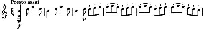 
\relative c' {
  \version "2.18.2"
  \key c \major
  \time 6/8
  \tempo "Presto assai"
  \tempo 4 = 160
   <g e' c'>4\f e''8 g4 e8
  c4 e8 g4 e8
  c4 e8\p e-! f-! g-!
  g (a g) e-! f-! g-!
  g (a g) e-! f-! g-!
  g (a g) f-! e-! d-!
}
