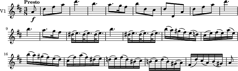 \new Staff \with { instrumentName = #"V1 "}
\relative c'' {
    \version "2.18.2"
    \key d \major 
    \tempo "Presto"
    \tempo 4 = 130
    \time 3/8
    \partial 8  a8 \f 
    d fis a
    d4. b
    a8. g16 fis8
    b8 d, cis
    d d, a' 
    d fis a
    d4. b
    a8. g16 fis8
    dis32 (e16.) dis32 (e16.) dis32 (e16.)
    b'4. 
    dis,32 (e16.) dis32 (e16.) dis32 (e16.)
    b'16 (a) gis (fis) e (d!)
    cis (e) fis (e) a (e)
    b' (a) gis (fis) e (d)
    cis (fis) a (fis) dis (e)
    d! (e) fis (d) bis (cis)
    b! (cis) d (b) gis (a)
    fis (d') cis (a) b (gis)
    a8
}