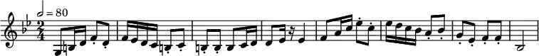 {   \time 2/4  \key g \minor \tempo 2=80  \relative c' { g8 b16 d16 f8 -. d8 -. f16 ees16 d16 c16 b8 -. c8 -. b8
  -. b8 -. b8 c16 d16 d8 ees16 r16 ees4 f8 a16 c16 ees8 -. c8 -. ees16 d16
  c16 bes16 a8 -. bes8 -. g8 -. ees8 -. f8 -. f8 -. bes,2}   }