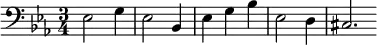 
\relative c {
  \clef bass
  \key ees \major
  \time 3/4
  ees2 g4 ees2 bes4 ees4 g4 bes4 ees,2 d4 cis2. \bar ""
}
