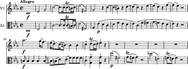 
<<
\new Staff \with { instrumentName = #"V1 "}  \relative c'' {
    \version "2.18.2"
    \key ees \major 
    \tempo "Allegro"
    \tempo 4 = 130
    \time 2/2
    
    c,1\f ees2 g
    c2 ~ c8. c16-! c8\trill (b16 c)
    ees2 (fis,)
    g r4 c ~ c (b) r d ~ d (c) r ees ~ ees (d) r f  ~ f (ees) r2
    aes2.\f g16 (f8.)
    ees16 (d8.) c16 (b8.) b4 b
    c-! d8\trill (c16 d) ees4-! r4
    R1 R1 R1 R1
}
\new Staff \with { instrumentName = #"A1 "} \relative c'' {
    \key ees \major 
    \clef "alto"
    \time 2/2
     c,,1\f ees2 g
    c2 ~ c8. c16-! c8\trill (b16 c)
    ees2 (fis,)
    g4 ees'\p (d c d f ees d ees)
    c (f fis g f! ees d ees) r r2
    b8\f b4 b b b8 ~ b b (d) d (f) f f f
    c4-! <g g'>-! <g g'>-!  r4
    ees''2\p (fis,) g8\trill (fis g4) r2
    des'2 (e,) f!8\trill (e f4) r2
}
>>
