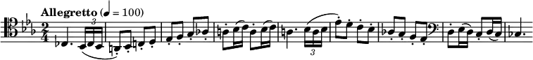 
\new Staff \with {midiInstrument = #"bassoon"}
\relative c {
\tempo "Allegretto" 4 = 100
\clef tenor
\key c \minor
\time 2/4
ces4. \tuplet 3/2 { bes16( ces bes } |
a8-.) bes-. c!-. d-. |
es-. f-. g-. as!-. |
a-. bes16( c) a8-. bes16( c) |
a4. \tuplet 3/2 { bes16( a bes } |
es8-.) d-. c-. bes-. |
as!-. g-. f-. es-. |
\clef bass
d-. es16( d) c8-. d16( c) |
ces4.
}
