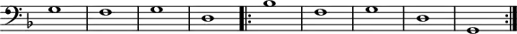 
\version "2.14.2"
\header {
  tagline = ##f
}

\score {
  \new Staff \with {
    \remove "Time_signature_engraver"

  }
<<
  \relative c' {
    \key f \major
    \clef bass
    \time 2/2
    \tempo 2 = 80
    \override TupletBracket #'bracket-visibility = ##f 
    \autoBeamOff
    \set Staff.midiInstrument = #"harpsichord"

     %%%%%%%%%%%%%%%%%%%%%%%%%% Passamezzo antico

     g1 f g d
\repeat volta 2 {
     bes'1 f g d g,
}

  }
>>
  \layout {
    \context { \Score \remove "Metronome_mark_engraver" }
    \context {
      \remove "Metronome_mark_engraver"
    }
  }
  \midi {}
}
