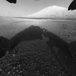 Aeolis Palus and "Mount Sharp" in Gale Crater as viewed by the Curiosity rover (August 6, 2012).